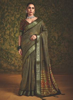 Mehendi green velvet tussar silk blend foilprint saree with unstitched blouse 1
