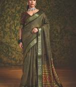 Mehendi green velvet tussar silk blend foilprint saree with unstitched blouse