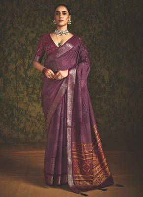 Maroon velvet tussar silk blend foilprint saree with unstitched blouse 1