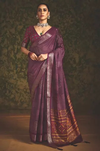 Maroon velvet tussar silk blend foilprint saree with unstitched blouse