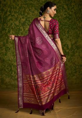 Maroon velvet tussar silk blend foilprint saree with unstitched blouse 3
