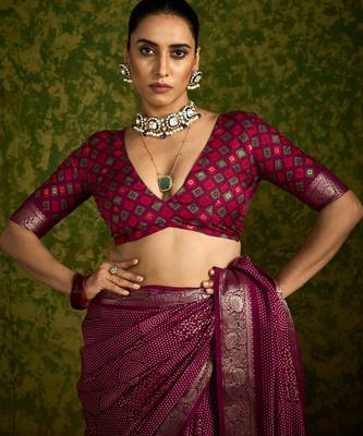 Maroon velvet tussar silk blend foilprint saree with unstitched blouse 4