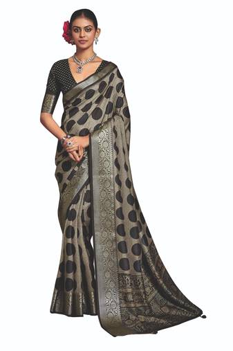 Dark grey dolla silk blend self jaquard border saree with unstitched blouse