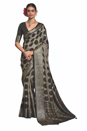 Dark grey dolla tushar silk self jaquard border  saree with unstitched blouse piece