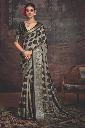 Dark grey dolla silk blend self jaquard border saree with unstitched blouse