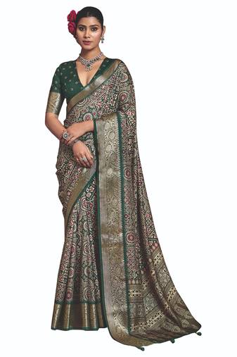 Green multi color dolla silk blend self jaquard border saree with unstitched blouse