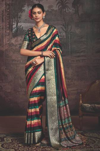 Multi color dolla silk blend self jaquard border saree with unstitched blouse