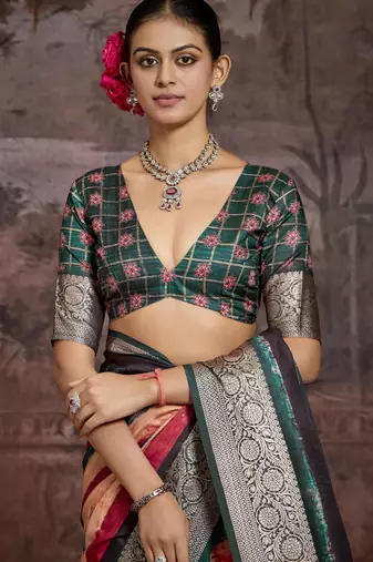 Multi color dolla silk blend self jaquard border saree with unstitched blouse