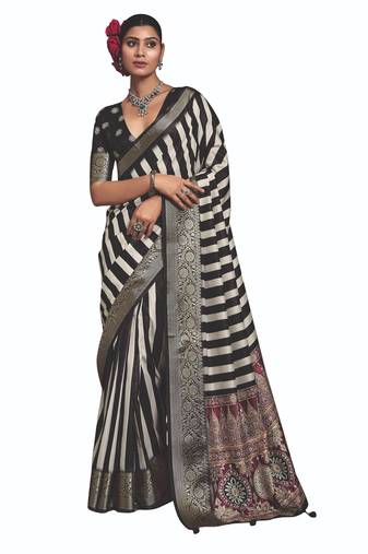 Black dolla silk blend self jaquard border saree with unstitched blouse