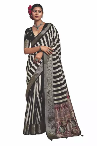 Black dolla tushar silk self jaquard border  saree with unstitched blouse piece