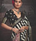 Black dolla silk blend self jaquard border saree with unstitched blouse