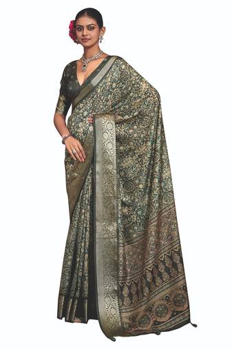 Mehendi green dolla silk blend self jaquard border saree with unstitched blouse
