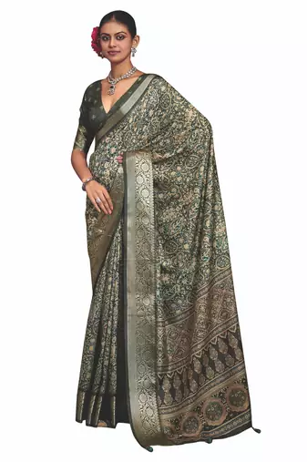 Mehendi green dolla silk blend self jaquard border saree with unstitched blouse