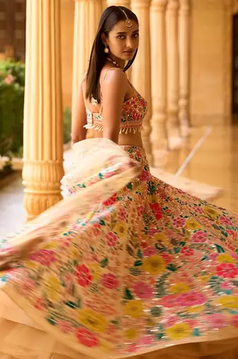 Multicolor thread and sequins embroidered georgette lehenga dress