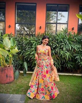 Multicolor thread and sequins embroidered georgette lehenga dress 5