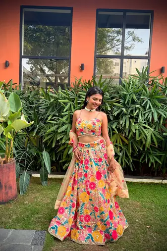 Multicolor thread and sequins embroidered georgette lehenga dress