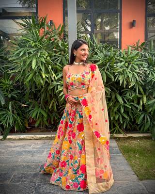 Multicolor thread and sequins embroidered georgette lehenga dress 6