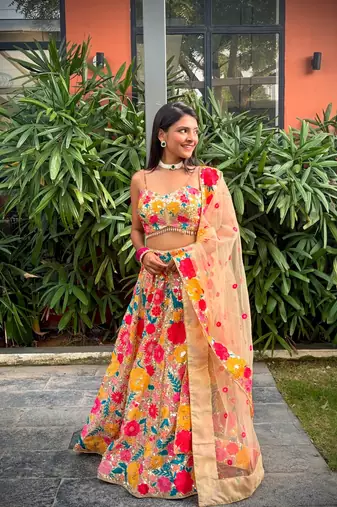Multicolor thread and sequins embroidered georgette lehenga dress