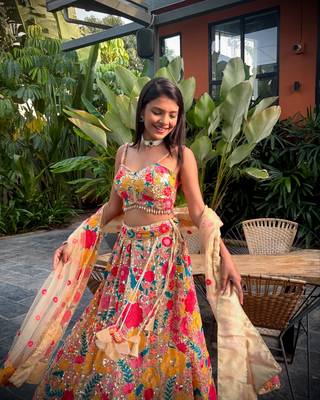 Multicolor thread and sequins embroidered georgette lehenga dress 9