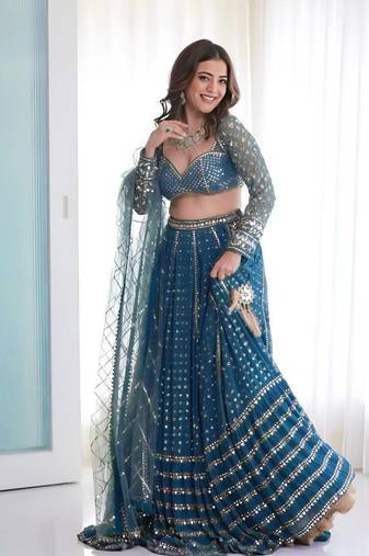 Blue georgette lehenga choli with silver sequin embroidered