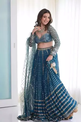 Blue georgette lehenga choli with silver sequin embroidered