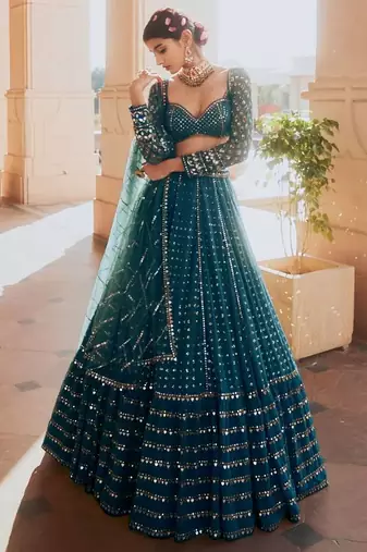 Blue georgette lehenga choli with silver sequin embroidered