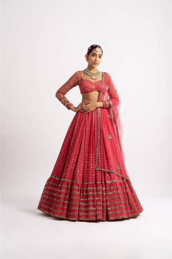 Red georgette lehenga choli with silver sequin embroidered