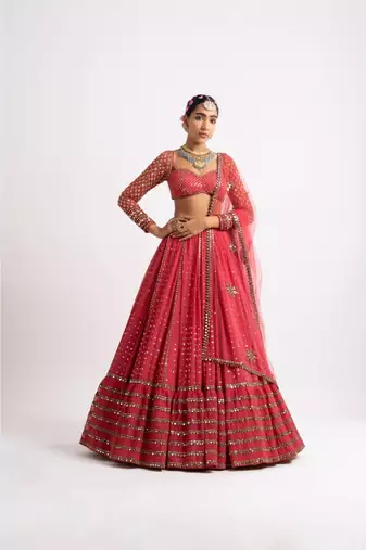 Red georgette lehenga choli with silver sequin embroidered