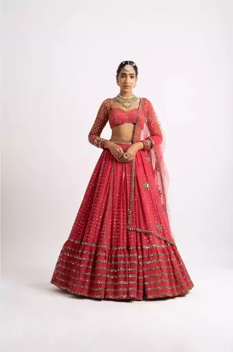 Red georgette lehenga choli with silver sequin embroidered