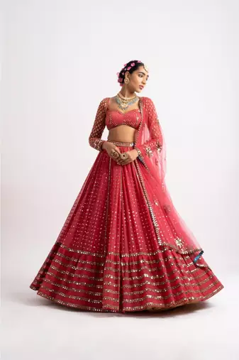 Red georgette lehenga choli with silver sequin embroidered