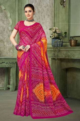 magenta orange chiffon bandhani double shaded printed saree with blouse 