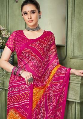 magenta orange chiffon bandhani double shaded printed saree with blouse  2