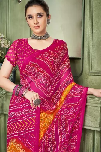magenta orange chiffon bandhani double shaded printed saree with blouse 