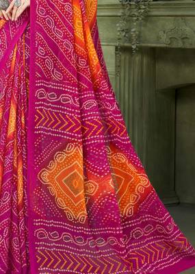 magenta orange chiffon bandhani double shaded printed saree with blouse  3