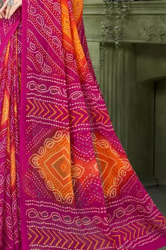 magenta orange chiffon bandhani double shaded printed saree with blouse 