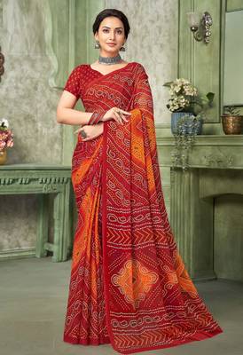 maroon orange chiffon bandhani double shaded printed saree with blouse  1