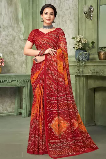 maroon orange chiffon bandhani double shaded printed saree with blouse 