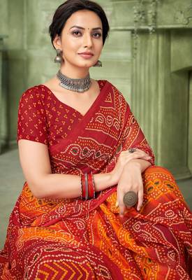 maroon orange chiffon bandhani double shaded printed saree with blouse  2