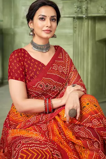 maroon orange chiffon bandhani double shaded printed saree with blouse 