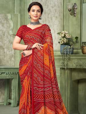 maroon orange chiffon bandhani double shaded printed saree with blouse  3