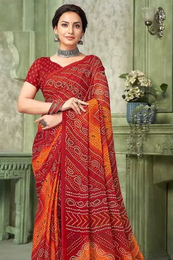 maroon orange chiffon bandhani double shaded printed saree with blouse 