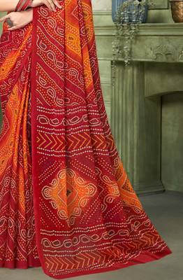 maroon orange chiffon bandhani double shaded printed saree with blouse  4