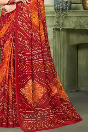 maroon orange chiffon bandhani double shaded printed saree with blouse 