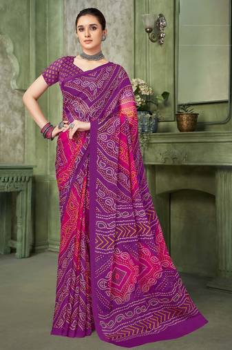 purple pink chiffon bandhani double shaded printed saree with blouse 