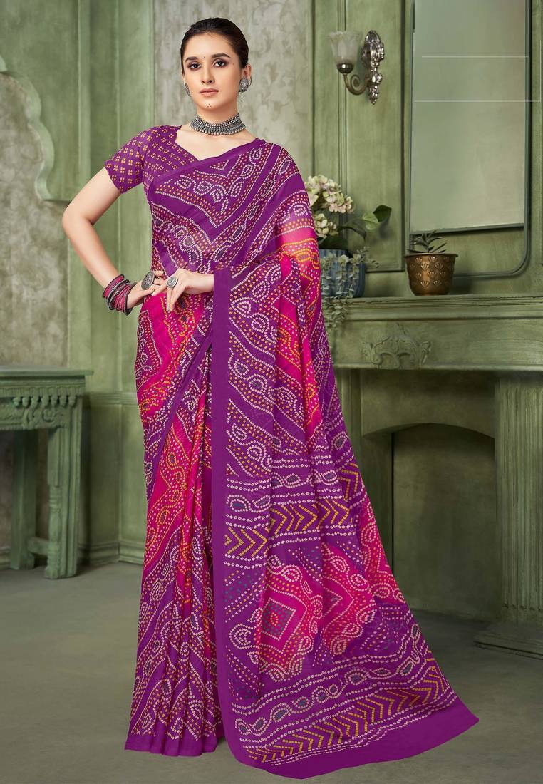 purple pink chiffon bandhani double shaded printed saree with blouse 
