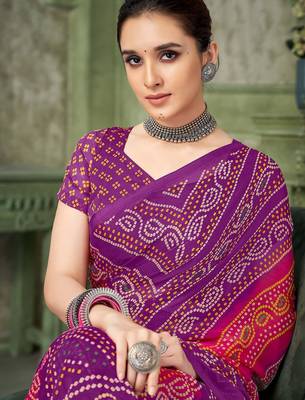 purple pink chiffon bandhani double shaded printed saree with blouse  2