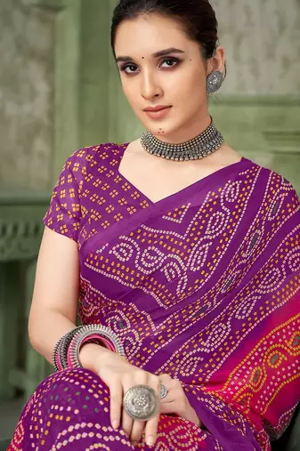 purple pink chiffon bandhani double shaded printed saree with blouse 