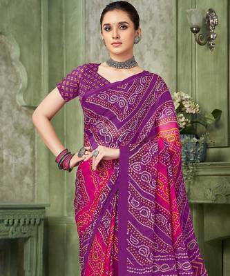 purple pink chiffon bandhani double shaded printed saree with blouse  3
