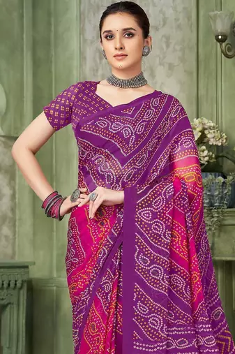 purple pink chiffon bandhani double shaded printed saree with blouse 