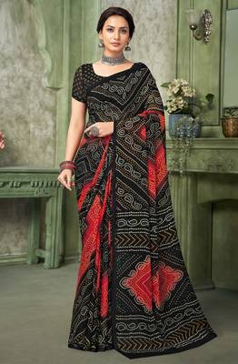 black red chiffon bandhani double shaded printed saree with blouse  1